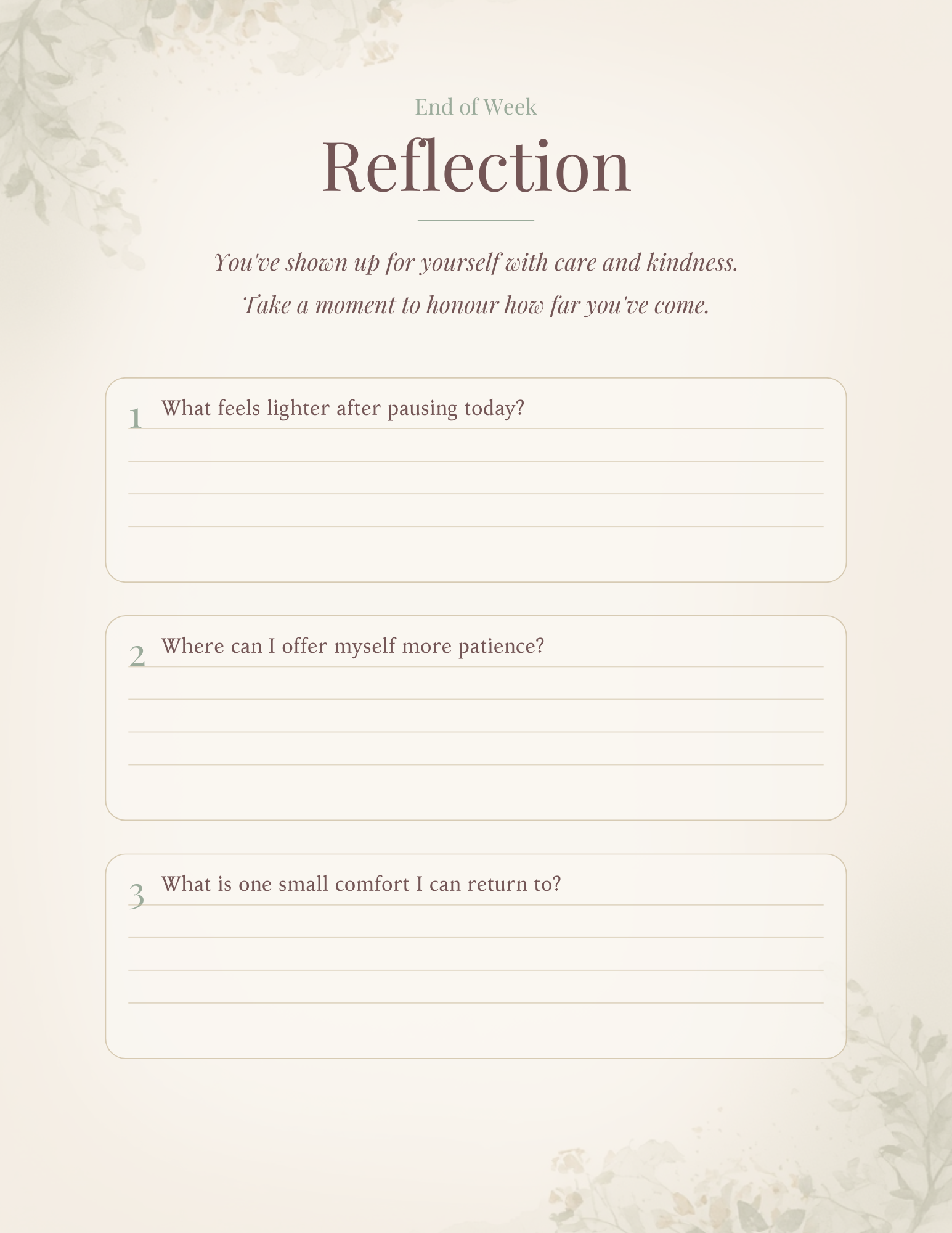 Workbook end of week reflection page